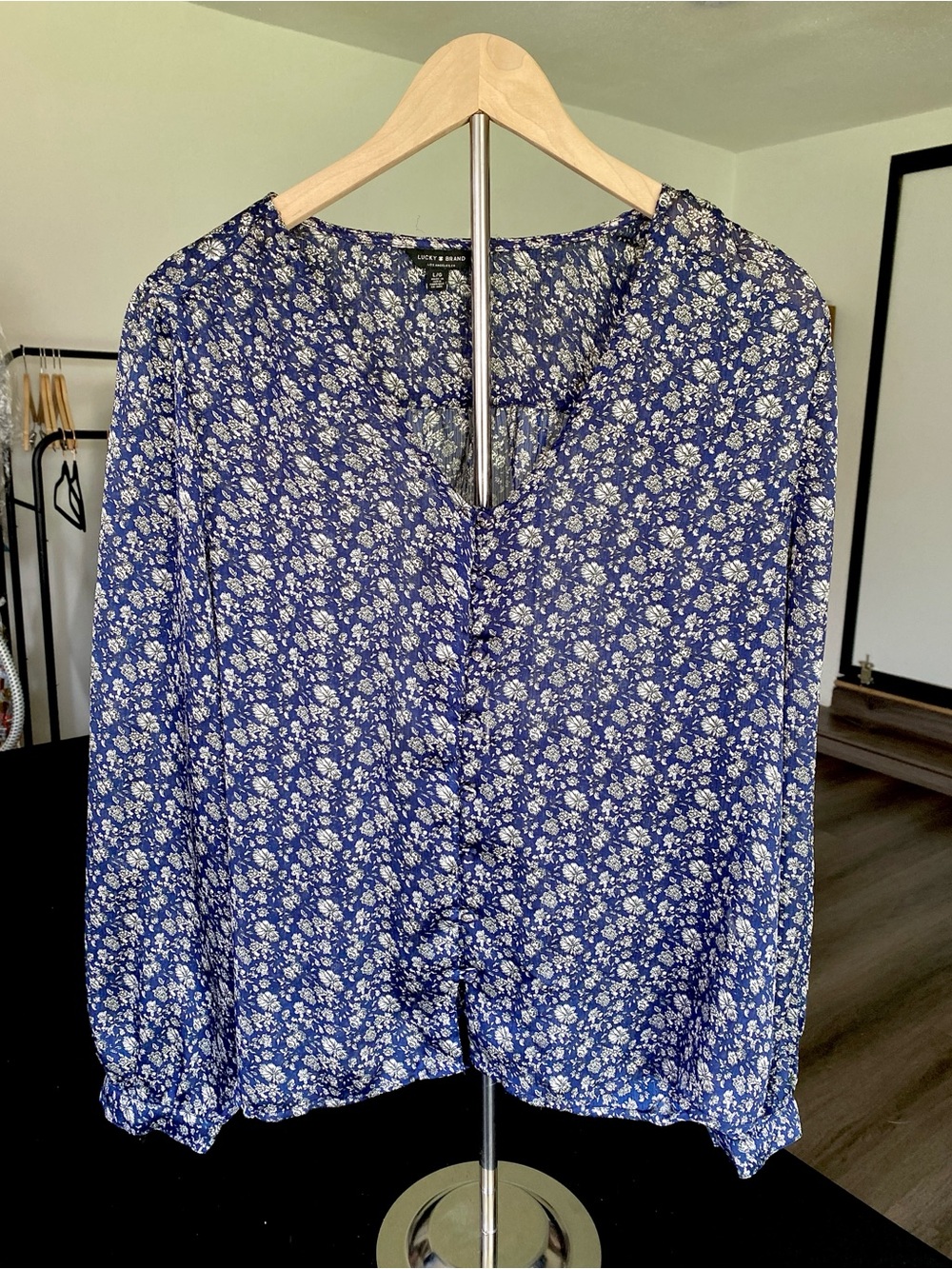 Lucky Brand Sheer Boho Floral Loose Fit Flowy Blouse Peasant Fairy